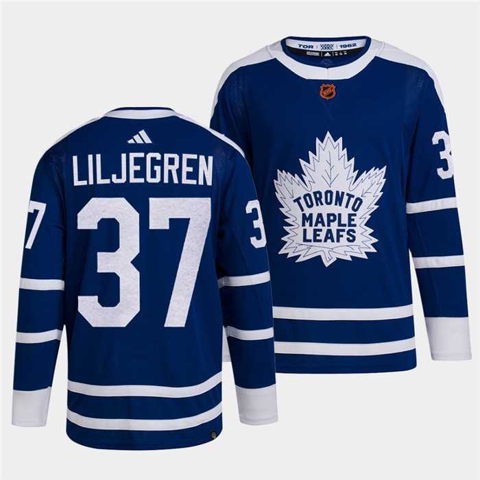 Mens Toronto Maple Leafs Black #37 Timothy Liljegren Blue 2022 Reverse Retro Stitched Jersey Dzhi